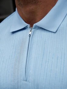 Manfinity Homme 男士純色休閒百搭日常穿著短袖 Polo 衫 - 藍色 - 查看 4