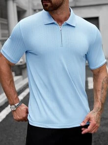 Manfinity Homme 男士純色休閒百搭日常穿著短袖 Polo 衫 - 藍色 - 查看 3
