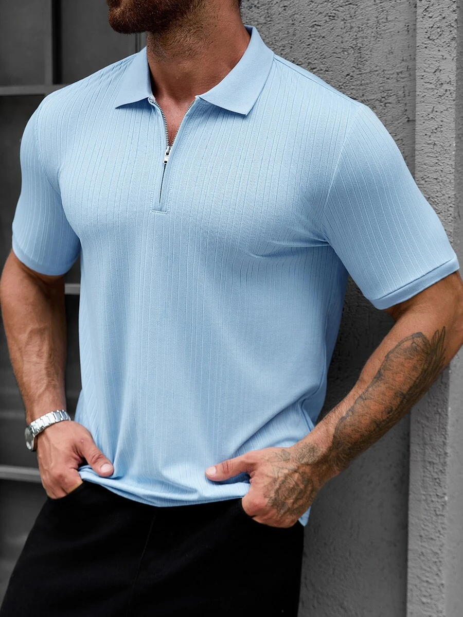 Manfinity Homme 男士純色休閒百搭日常穿著短袖 Polo 衫 - 藍色 - 查看 1