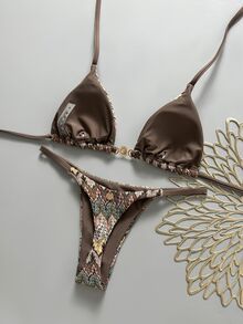 Swim Mod Women's Dark Beige Crochet Fabric V-Neck Backless Triangle Bikini Set,Summer Boho Beach Vacation Holiday Outfit,Studded Logo Zebra Print Swimwear - Multicolor - View 6