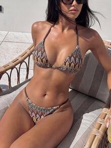 Swim Mod Women's Dark Beige Crochet Fabric V-Neck Backless Triangle Bikini Set,Summer Boho Beach Vacation Holiday Outfit,Studded Logo Zebra Print Swimwear - Multicolor - View 3
