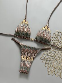 Swim Mod Women's Dark Beige Crochet Fabric V-Neck Backless Triangle Bikini Set,Summer Boho Beach Vacation Holiday Outfit,Studded Logo Zebra Print Swimwear - Multicolor - View 5