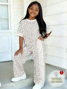 (1 Set) Girls Casual Fashion Fresh Leopard Print Knight Pattern Basic Short T-Shirt And Leopard Print Wide Leg Pants - Multicolor - View 3