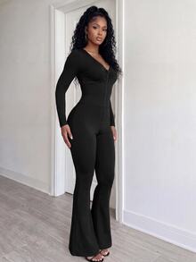 BamGleam Solid Color Long Sleeve Flare Leg Jumpsuit - Black - View 3