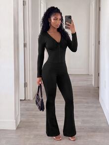 BamGleam Solid Color Long Sleeve Flare Leg Jumpsuit - Black - View 6