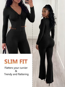 BamGleam Solid Color Long Sleeve Flare Leg Jumpsuit - Black - View 1