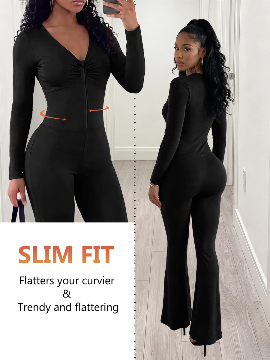 BamGleam Solid Color Long Sleeve Flare Leg Jumpsuit - Black - View 1