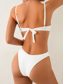 Swim Chiccia 女款優雅純色亮面聚攏露背比基尼，抓皺三角褲兩件式泳衣，春/夏 - 白色 - 查看 2
