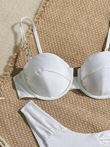 Swim Chiccia 女款優雅純色亮面聚攏露背比基尼，抓皺三角褲兩件式泳衣，春/夏 - 白色 - 查看 5