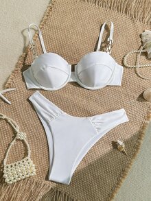 Swim Chiccia 女款優雅純色亮面聚攏露背比基尼，抓皺三角褲兩件式泳衣，春/夏 - 白色 - 查看 3
