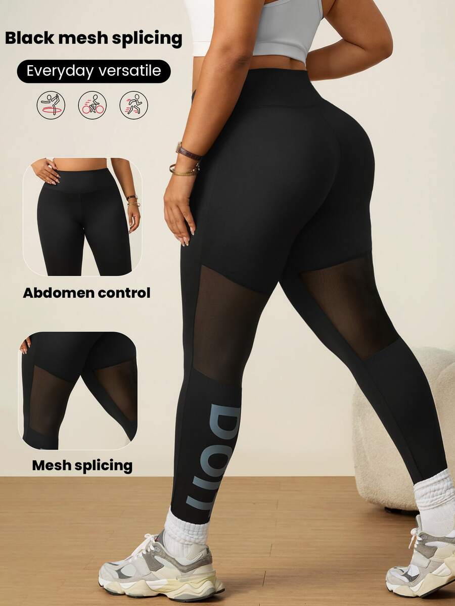 SHEIN Rhythm Era Seamed Yoga Leggings / Mesh Color Block / Fashionable & Sexy / Comfortable / Versatile / Fitness & Sports / Outdoor - Black - View 1