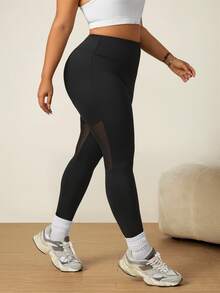SHEIN Rhythm Era Seamed Yoga Leggings / Mesh Color Block / Fashionable & Sexy / Comfortable / Versatile / Fitness & Sports / Outdoor - Black - View 3