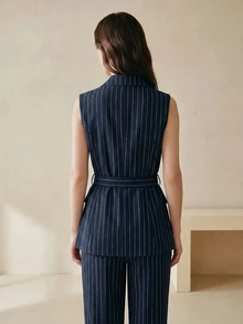 Anewsta Essential 女款極簡優雅背心休閒腰帶套裝，適合通勤、商務、外出辦公，海軍藍夏季款 - 藏蓝色 - 查看 7