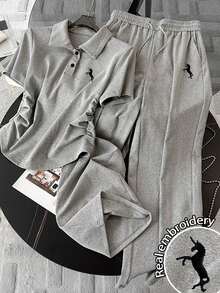 Franclia 女款夏季時尚刺繡Logo抓皺腰休閒圖案短袖 Polo 衫 + 側口袋長褲居家休閒套裝 灰色 - 灰色 - 查看 1