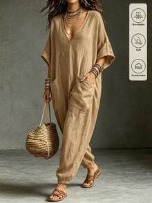 SHEIN Holidaya Women's Summer Bohemian Boho Vintage Relaxed V-Neck Wide Leg Jumpsuit, Khaki Green Faux Linen Fabric, Short Sleeve Casual Lazy Style, Large Pockets - Khaki - View 5