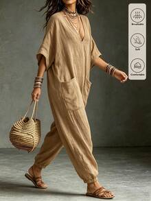 SHEIN Holidaya Women's Summer Bohemian Boho Vintage Relaxed V-Neck Wide Leg Jumpsuit, Khaki Green Faux Linen Fabric, Short Sleeve Casual Lazy Style, Large Pockets - Khaki - View 4