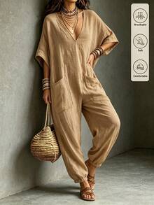 SHEIN Holidaya Women's Summer Bohemian Boho Vintage Relaxed V-Neck Wide Leg Jumpsuit, Khaki Green Faux Linen Fabric, Short Sleeve Casual Lazy Style, Large Pockets - Khaki - View 7