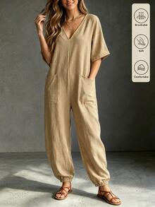 SHEIN Holidaya Women's Summer Bohemian Boho Vintage Relaxed V-Neck Wide Leg Jumpsuit, Khaki Green Faux Linen Fabric, Short Sleeve Casual Lazy Style, Large Pockets - Khaki - View 1