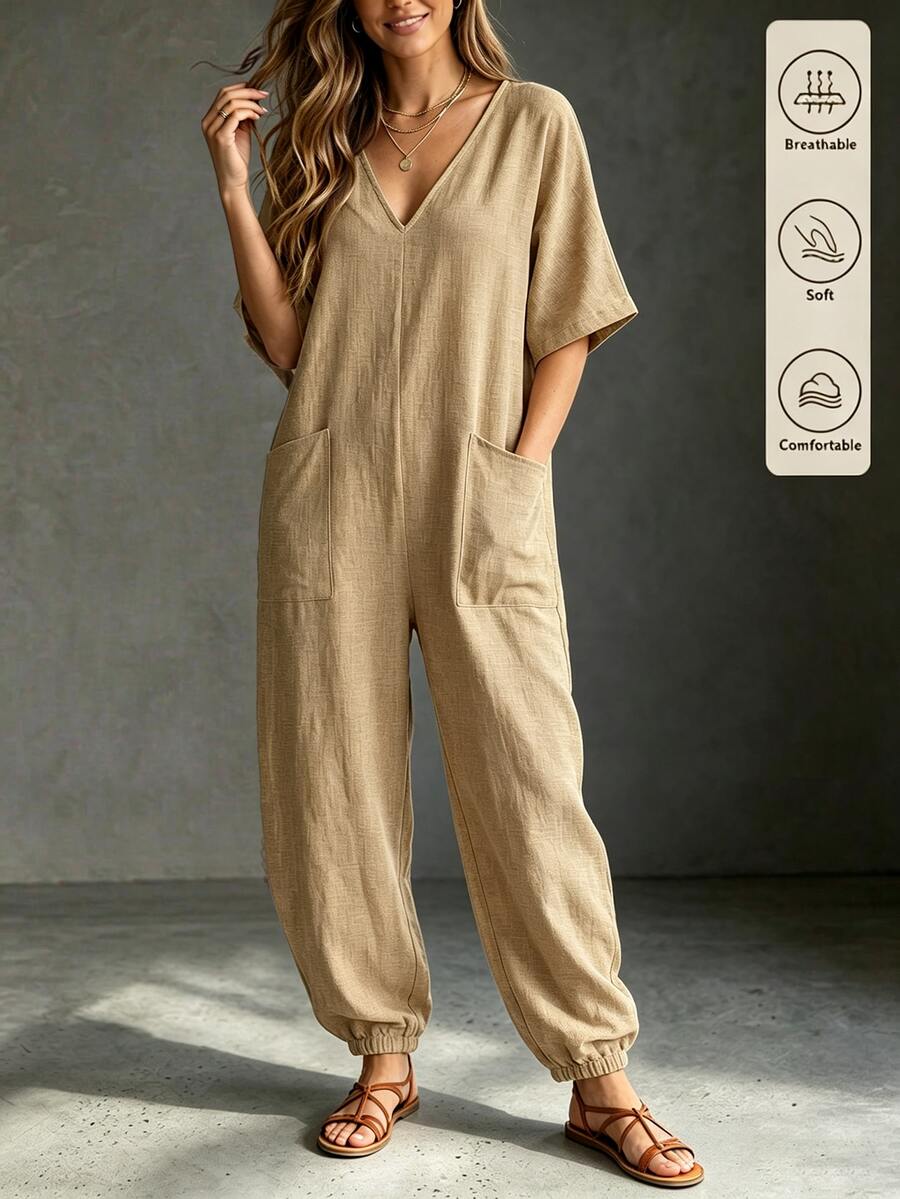 SHEIN Holidaya Women's Summer Bohemian Boho Vintage Relaxed V-Neck Wide Leg Jumpsuit, Khaki Green Faux Linen Fabric, Short Sleeve Casual Lazy Style, Large Pockets - Khaki - View 1
