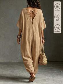 SHEIN Holidaya Women's Summer Bohemian Boho Vintage Relaxed V-Neck Wide Leg Jumpsuit, Khaki Green Faux Linen Fabric, Short Sleeve Casual Lazy Style, Large Pockets - Khaki - View 2