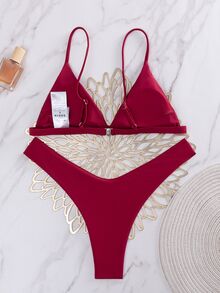 Swim Basics 2件套纯色性感比基尼套装，海滩度假 - 酒紅色 - 查看 3