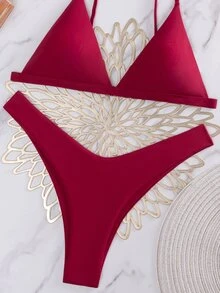 Swim Basics 2件套纯色性感比基尼套装，海滩度假 - 酒紅色 - 查看 5