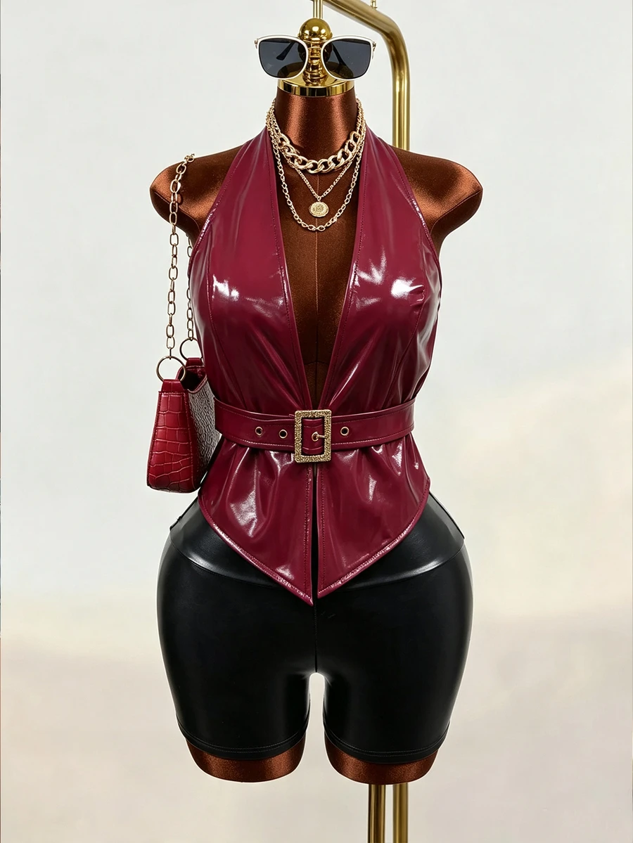 Mistrie Backless Belted PU Leather Halter Top Halloween Club Night Out Burgundy Summer Sexy