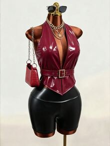 Mistrie Backless Belted PU Leather Halter Top Halloween Club Night Out Burgundy Summer Sexy - Burgundy - View 6