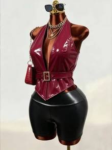 Mistrie Backless Belted PU Leather Halter Top Halloween Club Night Out Burgundy Summer Sexy - Burgundy - View 5