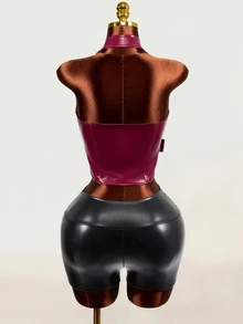 Mistrie Backless Belted PU Leather Halter Top Halloween Club Night Out Burgundy Summer Sexy - Burgundy - View 3