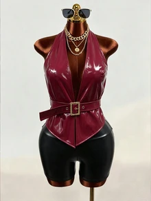 Mistrie Backless Belted PU Leather Halter Top Halloween Club Night Out Burgundy Summer Sexy - Burgundy - View 7