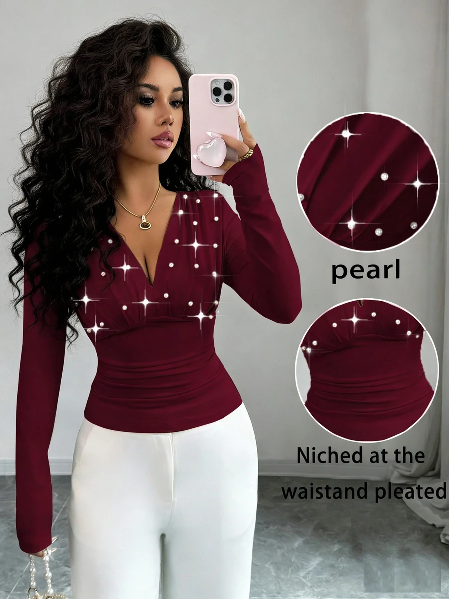 Elenzga Women's Elegant Pearl Embellished Deep V-Neck T-Shirt, Autumn - Burgundy - View 1