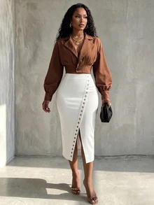 Eryvara Women's Fall Brown Lapel Lantern Sleeve Crop Top, Deep V-Neck Ruched Waist Button Blouse, Chic Occasion Wear For Daily Date Commuting Office - Brown - View 8