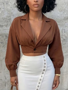 Eryvara Women's Fall Brown Lapel Lantern Sleeve Crop Top, Deep V-Neck Ruched Waist Button Blouse, Chic Occasion Wear For Daily Date Commuting Office - Brown - View 7