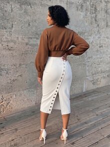 Eryvara Women's Fall Brown Lapel Lantern Sleeve Crop Top, Deep V-Neck Ruched Waist Button Blouse, Chic Occasion Wear For Daily Date Commuting Office - Brown - View 3