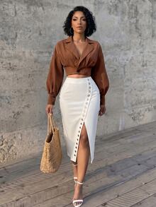 Eryvara Women's Fall Brown Lapel Lantern Sleeve Crop Top, Deep V-Neck Ruched Waist Button Blouse, Chic Occasion Wear For Daily Date Commuting Office - Brown - View 6