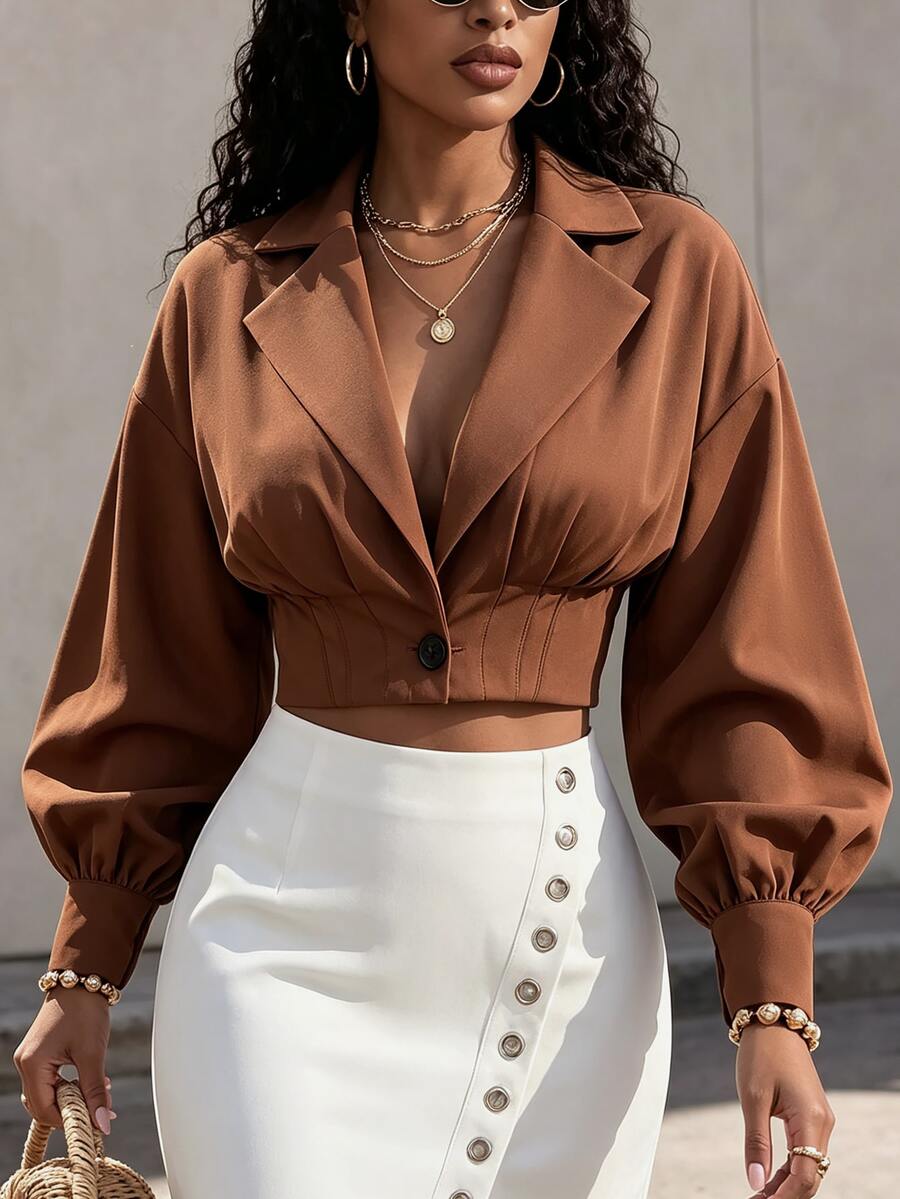 Eryvara Women's Fall Brown Lapel Lantern Sleeve Crop Top, Deep V-Neck Ruched Waist Button Blouse, Chic Occasion Wear For Daily Date Commuting Office