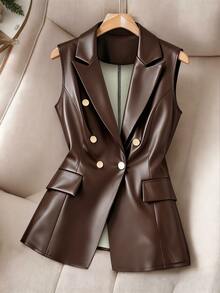 GlowEve CURVE Plus Size Women Leather Sleeveless Jacket With Button Decor - Brown - View 5