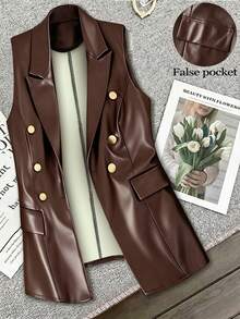 GlowEve CURVE Plus Size Women Leather Sleeveless Jacket With Button Decor - Brown - View 1