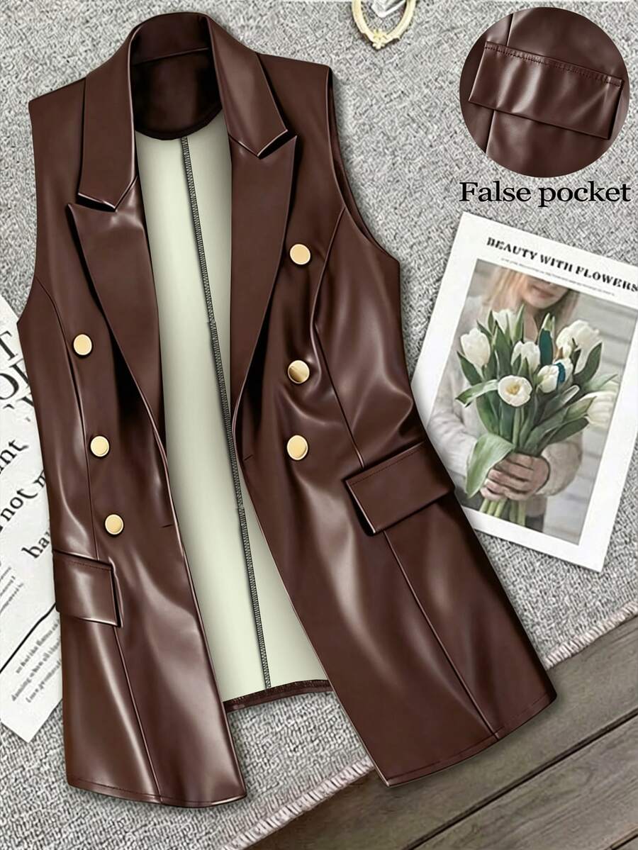 GlowEve CURVE Plus Size Women Leather Sleeveless Jacket With Button Decor - Brown - View 1