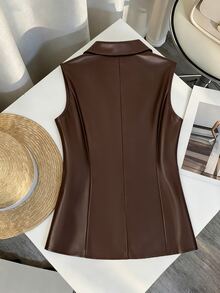 GlowEve CURVE Plus Size Women Leather Sleeveless Jacket With Button Decor - Brown - View 2