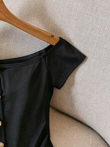 GlowEve 白色罗纹露肩仿门襟纽扣优雅女式上衣 - 黑色 - 查看 3