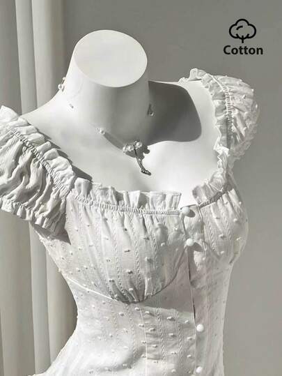 Elamini Women's Blouse, Tracing Cotton, Jacquard Fabric, Pure White, Waist Cinched