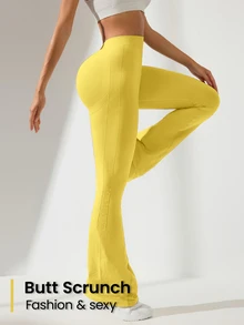 SHEIN Sovereign Charm Women's Solid Color Minimalist Everyday Butt-Lifting Yoga Pants - Yellow - View 4