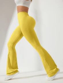 SHEIN Sovereign Charm Women's Solid Color Minimalist Everyday Butt-Lifting Yoga Pants - Yellow - View 5