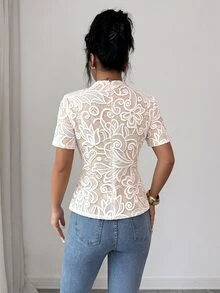 Elenzga 女款杏色方領收腰金屬扣設計襯衫，優雅知性風，情人節復活節嘉年華勞動節生日禮物，約會派對正式場合正裝教師氣場穿搭旅行度假街頭風春夏時尚單品小眾設計百搭襯衫 - 白色 - 查看 3