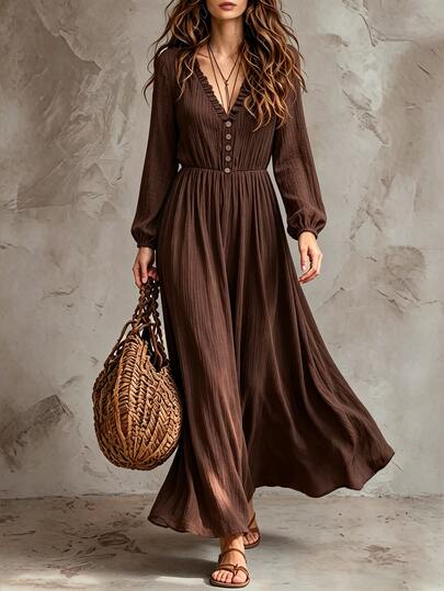 Omancia V-Neck Ruffle Long Sleeve Autumn Dress, Cinched Waist A-Line Casual Versatile Daily Commute Dress