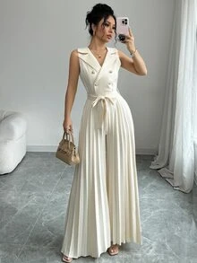 Elenzga Women's Elegant Double-Breasted Pleated Jumpsuit, Apricot, Suitable For Spring And Autumn - Apricot - View 5
