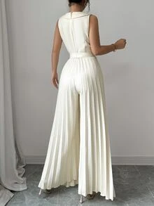 Elenzga Women's Elegant Double-Breasted Pleated Jumpsuit, Apricot, Suitable For Spring And Autumn - Apricot - View 2
