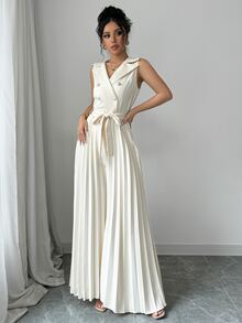 Elenzga Women's Elegant Double-Breasted Pleated Jumpsuit, Apricot, Suitable For Spring And Autumn - Apricot - View 4